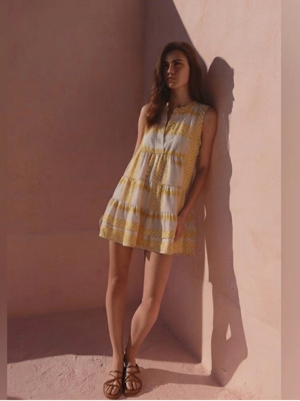 Kasia Resortwear Yellow Patterned Sleeveless Tiered Tunic Top Dress Size Medium